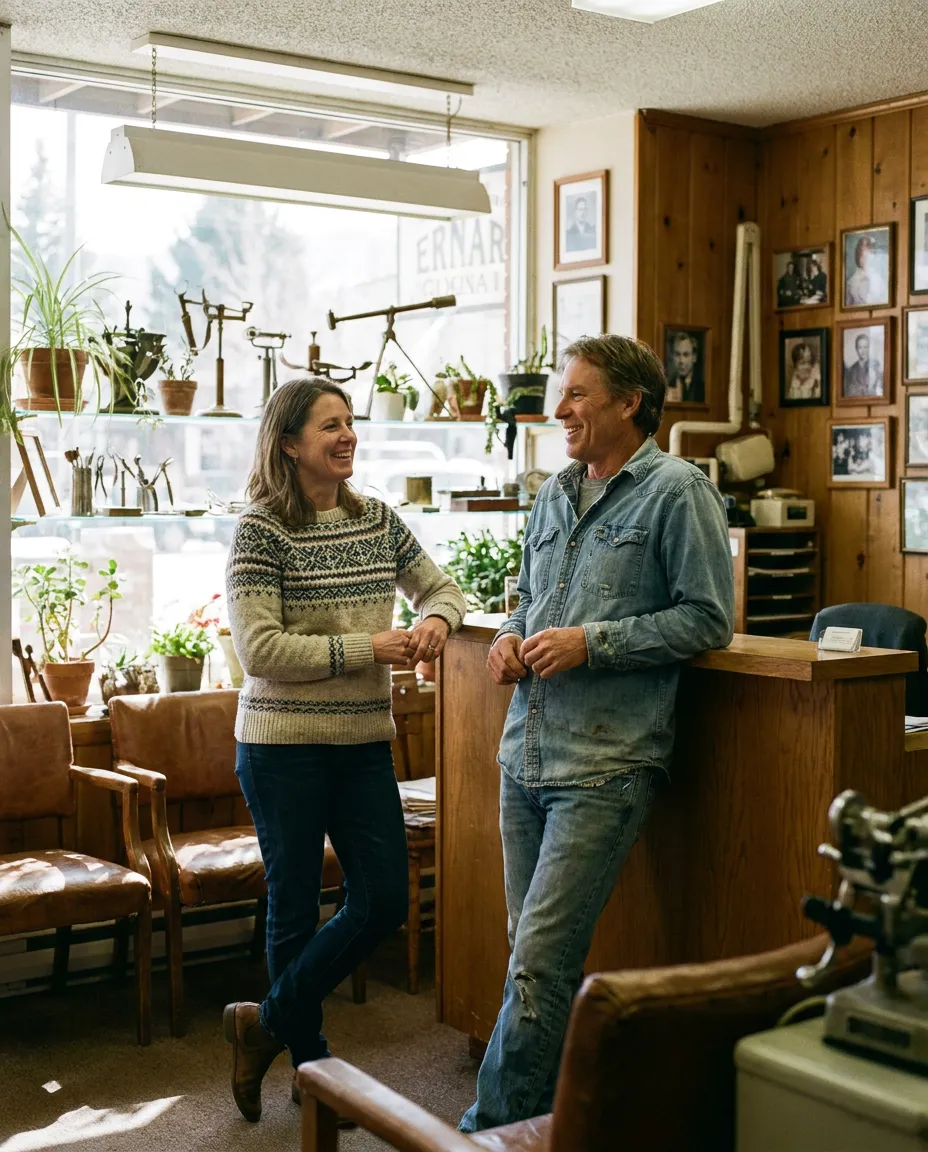 Two founding-client partners sharing a relaxed moment inside a legacy Colorado family business