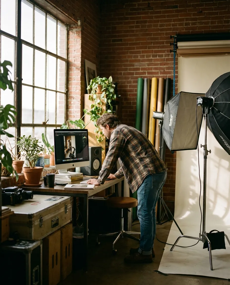 Inside Studio JK Photography — a photographer editing at the monitor in the Denver studio, softbox and seamless backdrop behind them